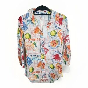 Womens Calypso St Barth Linen  Shirt 3/4 Sleeve Crab All Over Print XS Resort‎